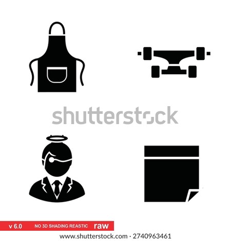 A set of four black and white icons featuring a chef's apron, skateboard, businessperson with a halo, and a document on a clean white background silhouette