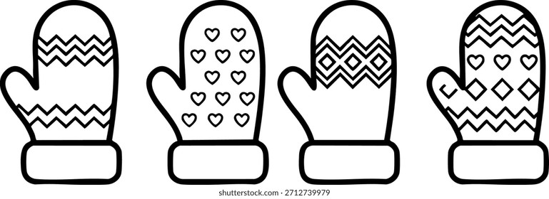 Set of four black and white illustrated mittens with different winter patterns, perfect for crafting and design projects