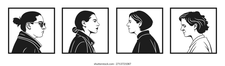 Un conjunto de cuatro ilustraciones en blanco y negro que muestran las vistas de perfil de cuatro mujeres diferentes, cada una en un marco cuadrado separado. Representa diversidad y variedad en la apariencia femenina.