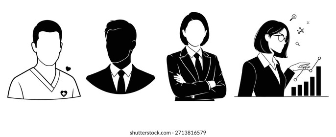 A set of four black and white illustrations depicting various professionals in business and medical attire with distinct poses and symbols