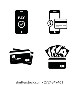 Eine Reihe von vier schwarz-weißen Illustrationen, die verschiedene Zahlungsmethoden auf weißem Hintergrund darstellen, darunter ein Mobiltelefon mit Bezahltaste, ein Mobiltelefon mit Kreditkarte und Dollarzeichen, ein Stapel