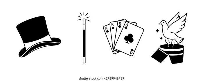A set of four black and white illustrations depicting a top hat, magic wand, playing cards, and a dove emerging from a hat.