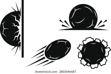 A set of four black and white illustrations depicting balls in various states of motion and collision, showcasing dynamic impacts and movements.