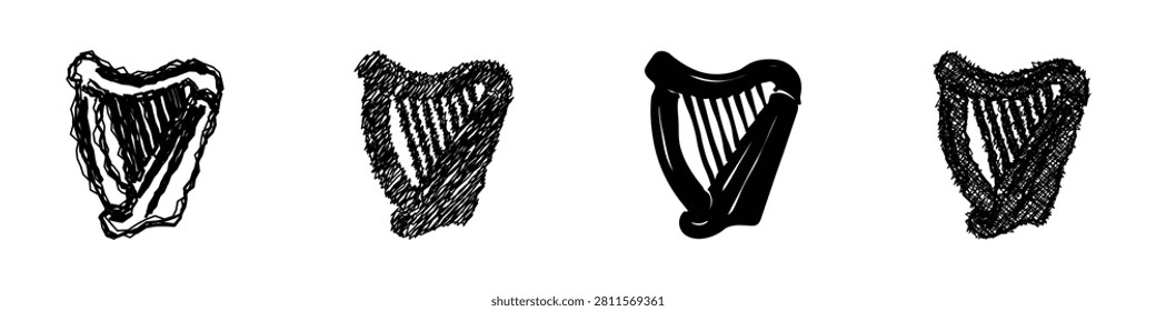 A set of four black and white illustrations of harps, showcasing different artistic styles from detailed sketches to bold silhouettes