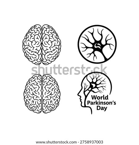 A set of four black and white illustrations featuring detailed brain anatomy and Parkinson's disease awareness symbols on a pure white background, showcasing various perspectives of the human brain an
