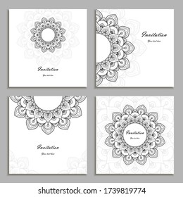 Set of four black and white Invitation Cards with  mandala ornament. Card template for Wedding invitation or Birthday greeting card. Vector illustration