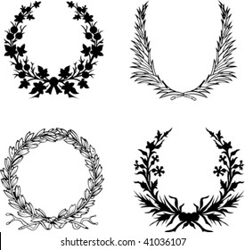 Set Of Four Black And White Laurel Wreath.