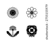Set of four black and white line art vector flower icons isolated on white
