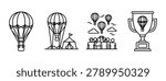 A set of four black and white line icons depicting hot air balloons in various scenarios, including solo flights, a camping scene, a crowd watching balloons, and a trophy.   