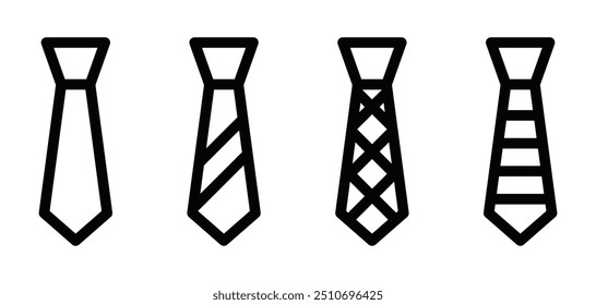 Set of four black and white line icons of neckties with various patterns, symbolizing business, fashion, and professionalism. Vector illustration. Editable stroke.