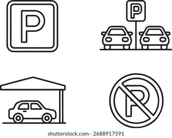 A set of four black and white line icons depicting parking sign, cars, covered parking, and no parking symbol.