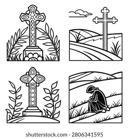 Set of four black and white line featuring celtic crosses, a mourning figure, and cemetery landscapes for coloring pages