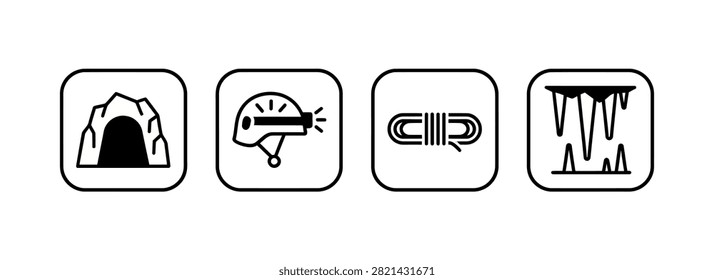 A set of four black and white line art icons depicting caving and spelunking equipment, including a cave entrance, a helmet with a headlamp, climbing rope, and stalactites.