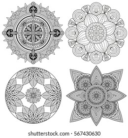 Set of four black and white mandala ornaments. Vector illustration prints for coloring book pages, tattoo & mural decor. 