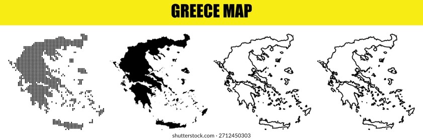 Conjunto de cuatro mapas en blanco y negro de Grecia que muestran diferentes niveles de detalle