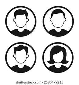 A set of four black and white minimalist avatar icons representing different user profiles. The vector design features simple, faceless silhouettes in circular frames, ideal for user interface (UI) de