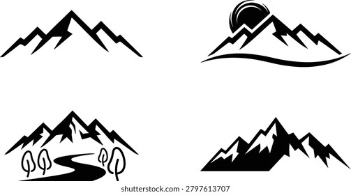Set of four black and white mountain landscape featuring jagged peaks a sun rising over a range a winding river with trees and a silhouette of a rocky mountain massif on a white background