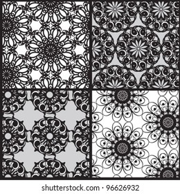 Set of four black and white ornamental rosette patterns (seamlessly tiling).Seamless pattern can be used for wallpaper, pattern fills, web page background,surface textures. seamless background