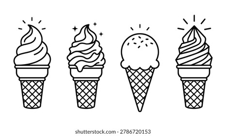 A set of four black and white outline icons of various ice cream cones. Includes soft-serve, a scoop with sprinkles, and melting ice cream in a clean, minimalist line art style. Perfect for menus, sum