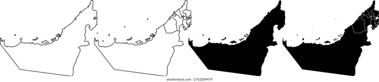 A set of four black and white representations of the United Arab Emirates map. The first two show simple outlines of the country's exterior and internal emirate boundaries. The third and fourth display solid black silhouettes of the same shapes against a white background. The composition is clean and minimalist, focusing on the geographical contours and administrative divisions of the nation in a high-contrast format.