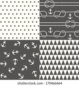 Set of four black and white seamless patterns, vector background. Nautical symbols: anchors and ropes.