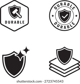 Set of four black and white shield icons representing durability and protection featuring a hammer, checkmark, sparkle and layered design elements.