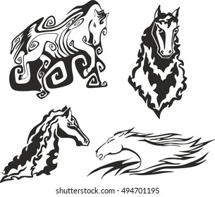 Set of four black and white sketches of horses and steeds for tribal tattoo stencils