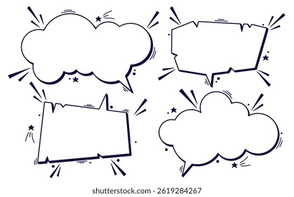 Set of four black and white speech bubbles with tiny details.