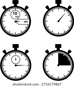 Un conjunto de cuatro íconos de cronómetro en blanco y negro, cada uno con diferentes tiempos y características, como marcadores de minutos y Configuraciones de temporizador, sobre un fondo blanco limpio para versatilidad en el uso del diseño.