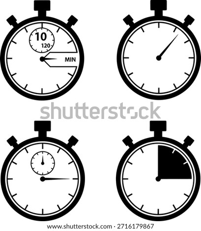 A set of four black and white stopwatch icons, each displaying different times and features, such as minute markers and timer settings, on a clean white background for versatility in design use.