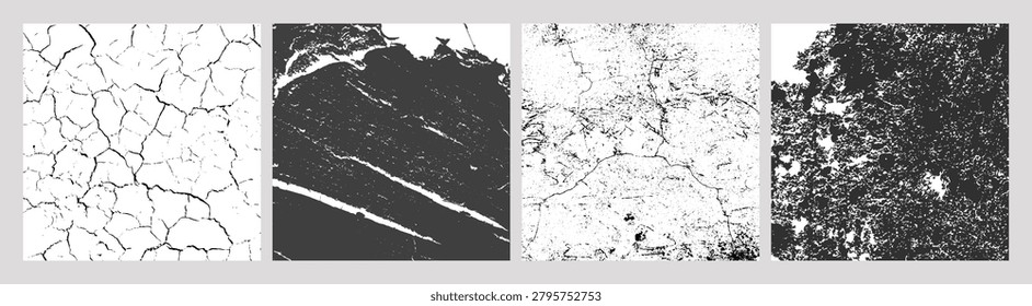 Set of four black and white textures including cracked earth, layered striations, weathered concrete, and corroded irregular clusters, abstract distressed backgrounds for design or material studies