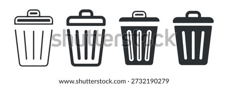 A set of four black and white trash can icons with varying styles and details.