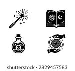 A set of four black and white vector icons representing magic elements including a wand, an occult spell book, a potion bottle, and a mystical orb.