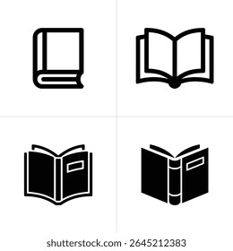 A set of four black and white vector icons illustrating books in various states closed, completely open, and partially opened, showing different designs and orientations.