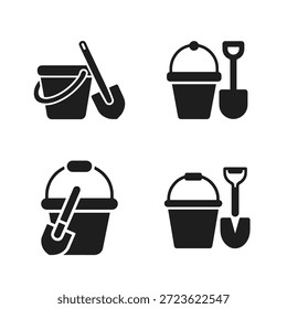 Conjunto de cuatro iconos vectoriales en blanco y negro que representan cubos y palas para juegos de playa o actividades de jardinería.