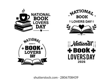 A set of four black and white vector illustrations celebrating National Book Lovers Day, featuring books, hearts, and coffee, with various typography styles and compositions on a pure white background