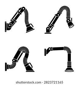Set of four black and white vector illustrations of industrial fume extraction arms with adjustable joints and nozzles.