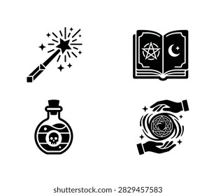A set of four black and white vector icons representing magic elements including a wand, an occult spell book, a potion bottle, and a mystical orb.