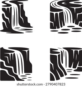 Set of four black and white waterfall with flowing water over rocky cliffs isolated on a white background, for nature landscapes