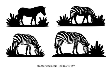 Set of four black and white zebra silhouettes in various poses on grass with bushes, illustrating wildlife and animal behavior in nature.
