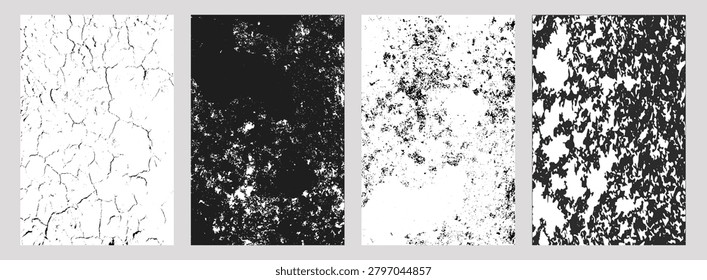 Set of four black-and-white abstract textures cracked earth, corroded surface, weathered concrete, and camouflage pattern, ideal for design, backgrounds, and creative projects