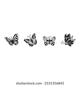 A set of four black-and-white butterfly silhouette illustrations, each showcasing distinct wing patterns and shapes