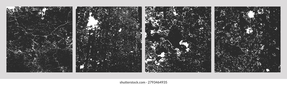 Set of four black-and-white cracked textures resembling erosion maps, satellite terrain, or fractured surfaces, abstract grunge backgrounds for overlays, design, or material studies