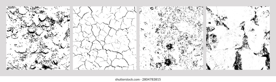 Set of four black-and-white cracked and weathered textures, distressed abstract surfaces resembling stone, concrete, dried earth, and corroded material