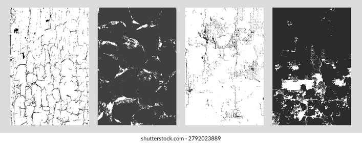 Set of four black-and-white distressed textures, including cracked paint, peeling surface, aged plaster, and corroded metal, abstract grunge backgrounds for overlays, design, or artistic projects