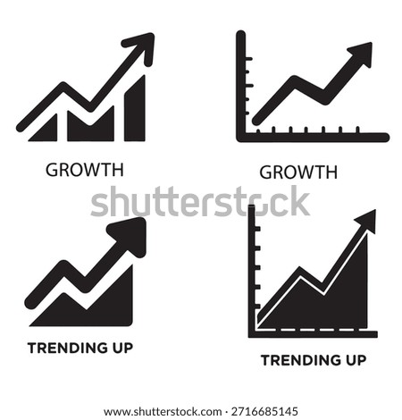 Set of four black-and-white upward trend graph icons. Features line graphs, area charts, and arrows labeled GROWTH and TRENDING UP. Perfect for dashboards and presentations.