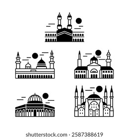 A set of four black-and-white vector illustrations of iconic mosques, featuring domes, minarets, and geometric details, symbolizing Islamic architecture and heritage.