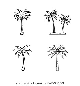  A set of four black-and-white vector illustrations of palm trees, each with a unique design. The drawings are simple and outlined, representing tropical trees often associated with beaches and island
