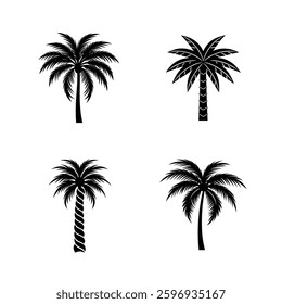 A set of four black-and-white vector illustrations of palm trees