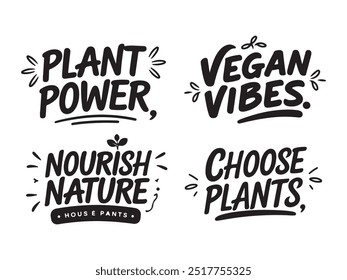 Conjunto de quatro desenhos tipográficos com tema vegano em preto-e-branco com motivos inspirados na natureza